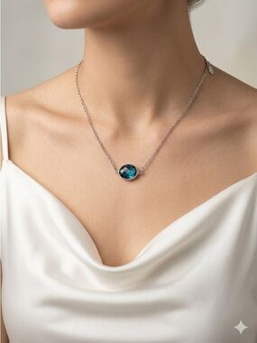 Blue Stone Pendant Necklace | Dainty Oval Crystal Cable Chain